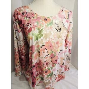 Vtg Boho Alfred Dunner PXL Indie Blouse Tropical Floral Peach 3/4 Sleeve